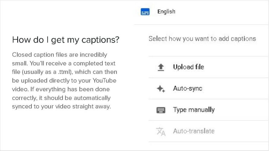 How do I get my captions? Closed caption files are incredibly small. You'll receive a completed text file (usually as a .ttml), which can then be uploaded directly to your YouTube video. If everything has been doine correctly, it should be automatically sy
